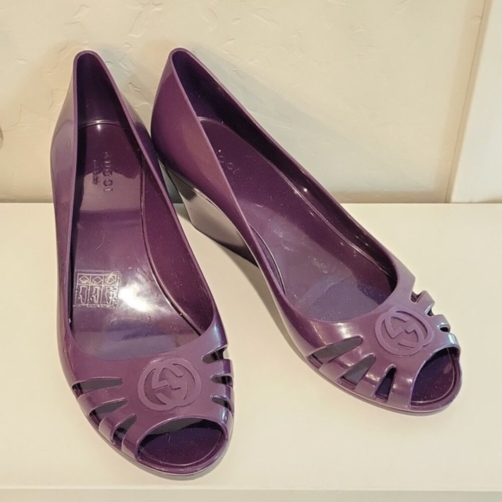 Gucci Interlocking G Logo Rubber Pumps Wedge Rubber Purple Open Toe Size 38